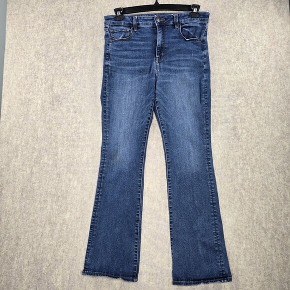 American Eagle Denim - American Eagle Womens Flared Jeans Dark Wash Size 12 Stretch Denim Distressed